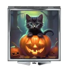 Складное зеркало квадратное Котенок с хэллоуинской тыквой