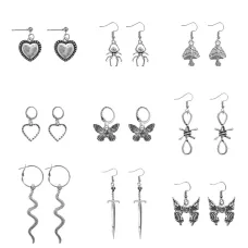 Набор из девяти пар серег, цвет серебряный SEN011-06
