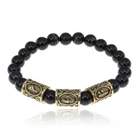 Браслет с рунами под золото Богатство на всех уровнях, с нат. камнем Черный агат 8мм BSRZ025