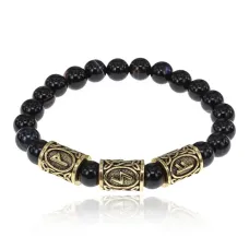 Браслет с рунами под золото Богатство на всех уровнях, с нат. камнем Черный агат 8мм BSRZ025