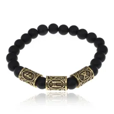 Браслет с рунами под золото Защита от сглаза порчи зла, с синт. камнем Шунгит 8мм BSRZ026