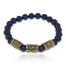 Браслет с рунами под золото Нейтрализация негатива, с нат. камнем Лазурит 8мм BSRZ030