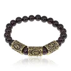 Браслет с рунами под золото Победа над злом, с нат. камнем Гранат 8мм BSRZ031