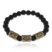 Браслет с рунами под золото Защитный барьер, с синт. камнем Шунгит 8мм BSRZ036