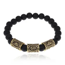 Браслет с рунами под золото Защитный барьер, с синт. камнем Шунгит 8мм BSRZ036