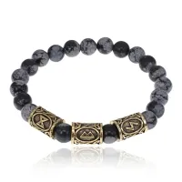 Браслет с рунами под золото Обновление и духовное очищение, с нат. камнем Обсидиан 8мм BSRZ038