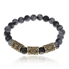 Браслет с рунами под золото Обновление и духовное очищение, с нат. камнем Обсидиан 8мм BSRZ038