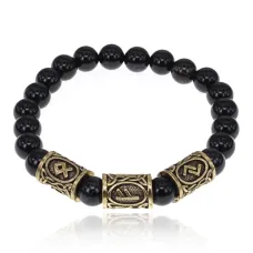 Браслет с рунами под золото Приумножение собственности, с нат. камнем Черный агат 8мм BSRZ040