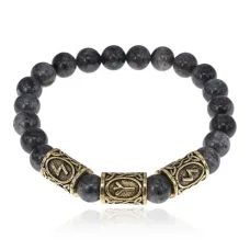 Браслет с рунами под золото Солнечный Щит, с нат. камнем Лабрадор 8мм BSRZ045