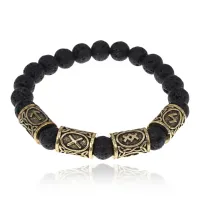 Браслет с рунами под золото Мужская слава, с нат. камнем Лава 8мм BSRZ049