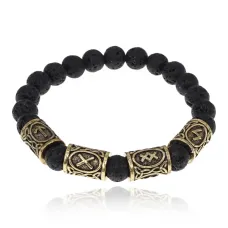 Браслет с рунами под золото Мужская слава, с нат. камнем Лава 8мм BSRZ049