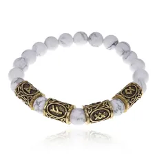 Браслет с рунами под золото Изобилие в семье, с нат. камнем Кахолонг 8мм BSRZ055