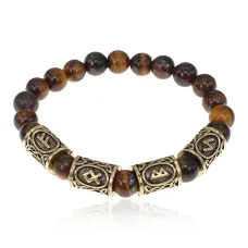 Браслет с рунами под золото Стабильный рост, с нат. камнем Тигровый глаз 8мм BSRZ056