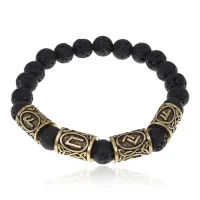 Браслет с рунами под золото Счастье, Удача, Успех, с нат. камнем Лава 8мм BSRZ057