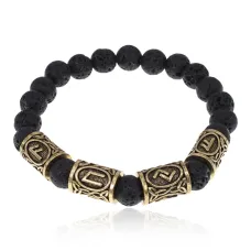 Браслет с рунами под золото Счастье, Удача, Успех, с нат. камнем Лава 8мм BSRZ057