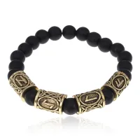 Браслет с рунами под золото Удача всегда и везде, с синт. камнем Шунгит 8мм BSRZ059