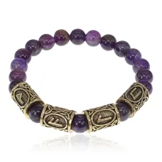 Браслет с рунами под золото Гармонизация внутреннего мира, с нат. камнем Аметист 8мм BSRZ062
