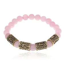 Браслет с рунами под золото Любовь и семья, с нат. камнем Розовый кварц 8мм BSRZ065