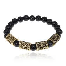 Браслет с рунами под золото Защита от энергетических вампиров, с нат. камнем Черный агат 8мм BSRZ069