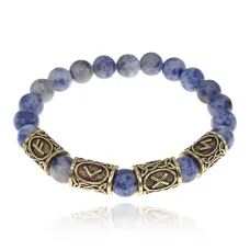 Браслет с рунами под золото Привлечение клиентов, с нат. камнем Содалит 8мм BSRZ074