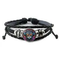 Кожаный браслет Кот в очках и наушниках неон BSK-1240