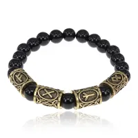 Рунический браслет Богатство и мир с нат.камнем Черный агат 8мм BSRQ-02
