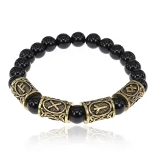 Рунический браслет Богатство и мир с нат.камнем Черный агат 8мм BSRQ-02