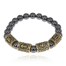 Рунический браслет Богатство и достижение цели с синт.камнем Гематит 8мм BSRQ-04