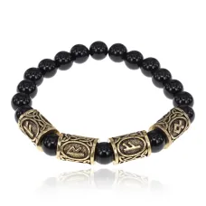 Рунический браслет Богатство и стабильный доход с нат.камнем Черный агат 8мм BSRQ-07