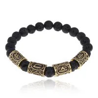 Рунический браслет Мудрость и богатство с нат.камнем Лава 8мм BSRQ-08