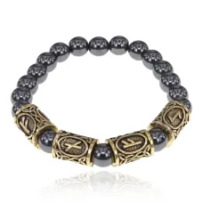 Рунический браслет Богатство через преодоление кризиса с синт.камнем Гематит 8мм BSRQ-10