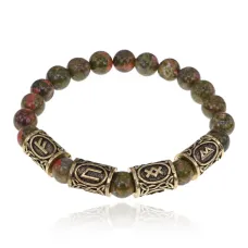 Рунический браслет Богатство и оздоровление с нат.камнем Унакит 8мм BSRQ-17