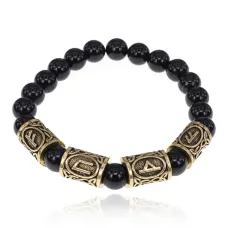 Рунический браслет Богатый инвестор с нат.камнем Черный агат 8мм BSRQ-19