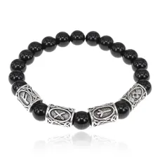Рунический браслет Богатство и мир с нат.камнем Черный агат 8мм BSRR-02