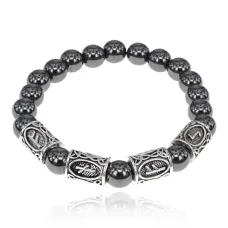 Рунический браслет Богатство через преодоление кризиса с синт.камнем Гематит 8мм BSRR-10