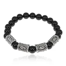 Рунический браслет Богатство и успех с нат.камнем Черный агат 8мм BSRR-28