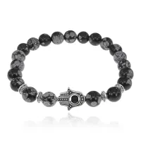 Браслет-амулет Хамса с нат. камнем Снежный обсидиан 10мм BSHS-14