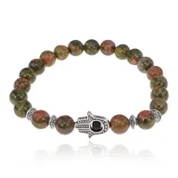 Браслет-амулет Хамса с нат. камнем Унакит 10мм BSHS-20