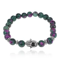 Браслет-амулет Хамса с синт. камнем Цоизит 10мм BSHS-22