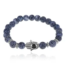 Браслет-амулет Хамса с синт. камнем синий Африканский агат 10мм BSHS-27