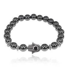 Браслет-амулет Хамса с синт. камнем Гематит (не магнит.) 10мм BSHS-28