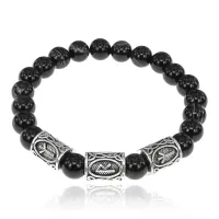 Рунический браслет Божественная защита с нат.камнем Черный агат 8мм BSRH1-015