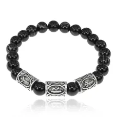 Рунический браслет Божественная защита с нат.камнем Черный агат 8мм BSRH1-015