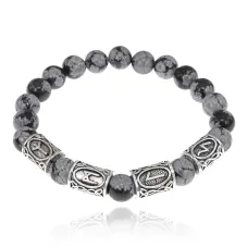 Рунический браслет Удача и защита с нат.камнем Обсидиан 8мм BSRH1-034