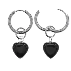 Серьги Сердце с нат.камнем Черный агат SEC-02-10