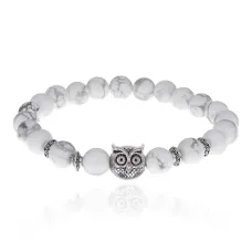 Браслет-амулет Сова с нат. камнем Кахолонг 8мм BSH-03-07S
