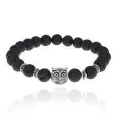 Браслет-амулет Сова с нат.камнем Лава 8мм BSH-03-09S