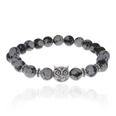 Браслет-амулет Сова с нат. камнем Снежный обсидиан 8мм BSH-03-14S