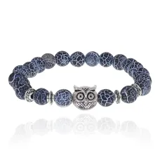 Браслет-амулет Сова с синт. камнем синий Африканский агат 8мм BSH-03-27S