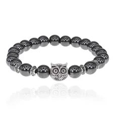 Браслет-амулет Сова с синт. камнем Гематит (не магнит.) 8мм BSH-03-28S